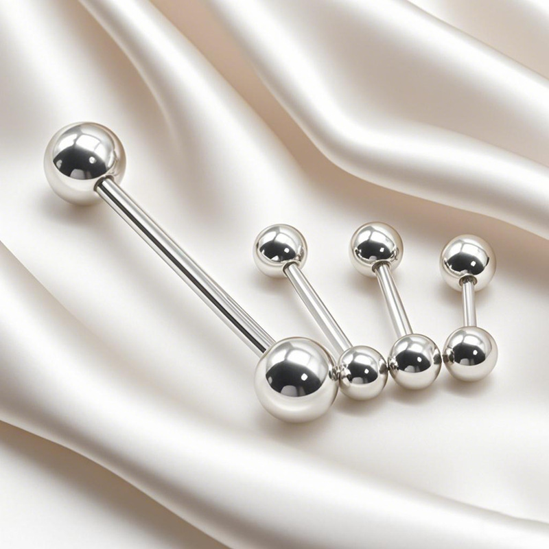 Cross-Border Ready-Made Body Piercing Jewelry Stainless Steel Tongue Studs Double Ball with Straight Titanium Steel Lip Studs Nipple Studs Earrings