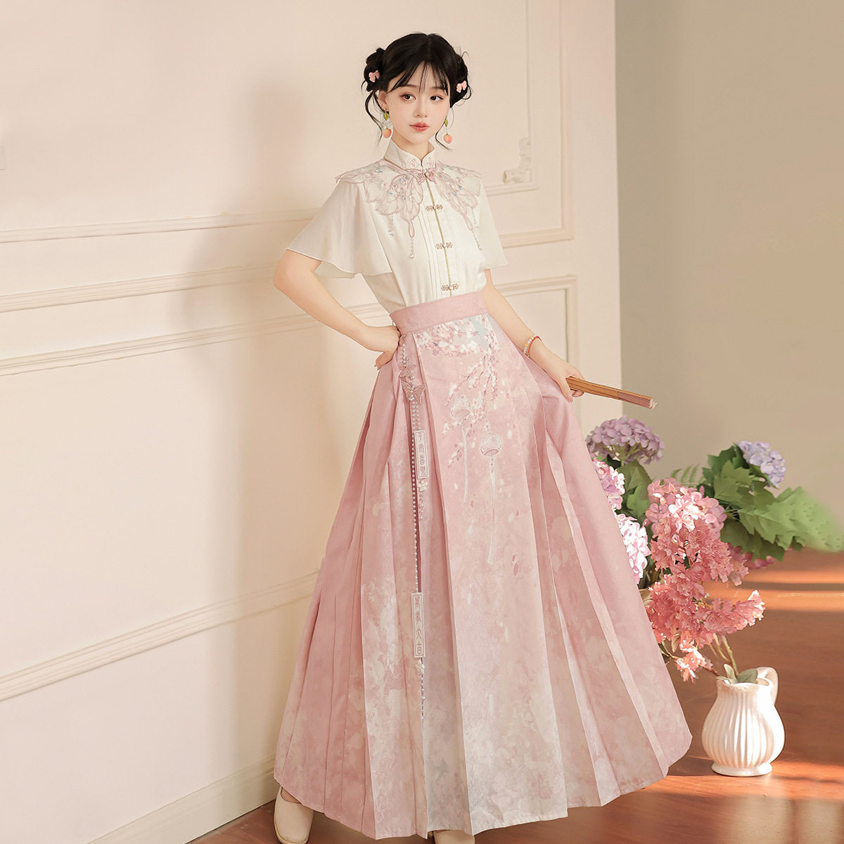 Original Design Falling Sakura Concentrated National Style Improved Han Yuansu Women's Cloud Shoulder Shirt overskirt suit 9198