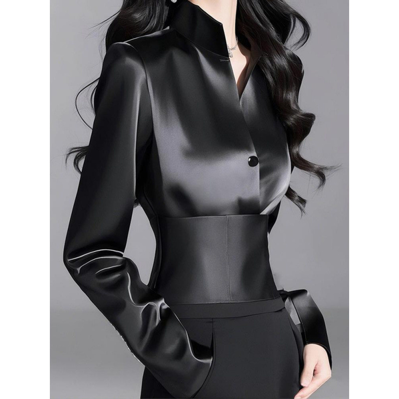 French Petite Unique Chic Beautiful Niche Accessible Luxury Cold Style High-End Acetate Satin Black Shirt Spring