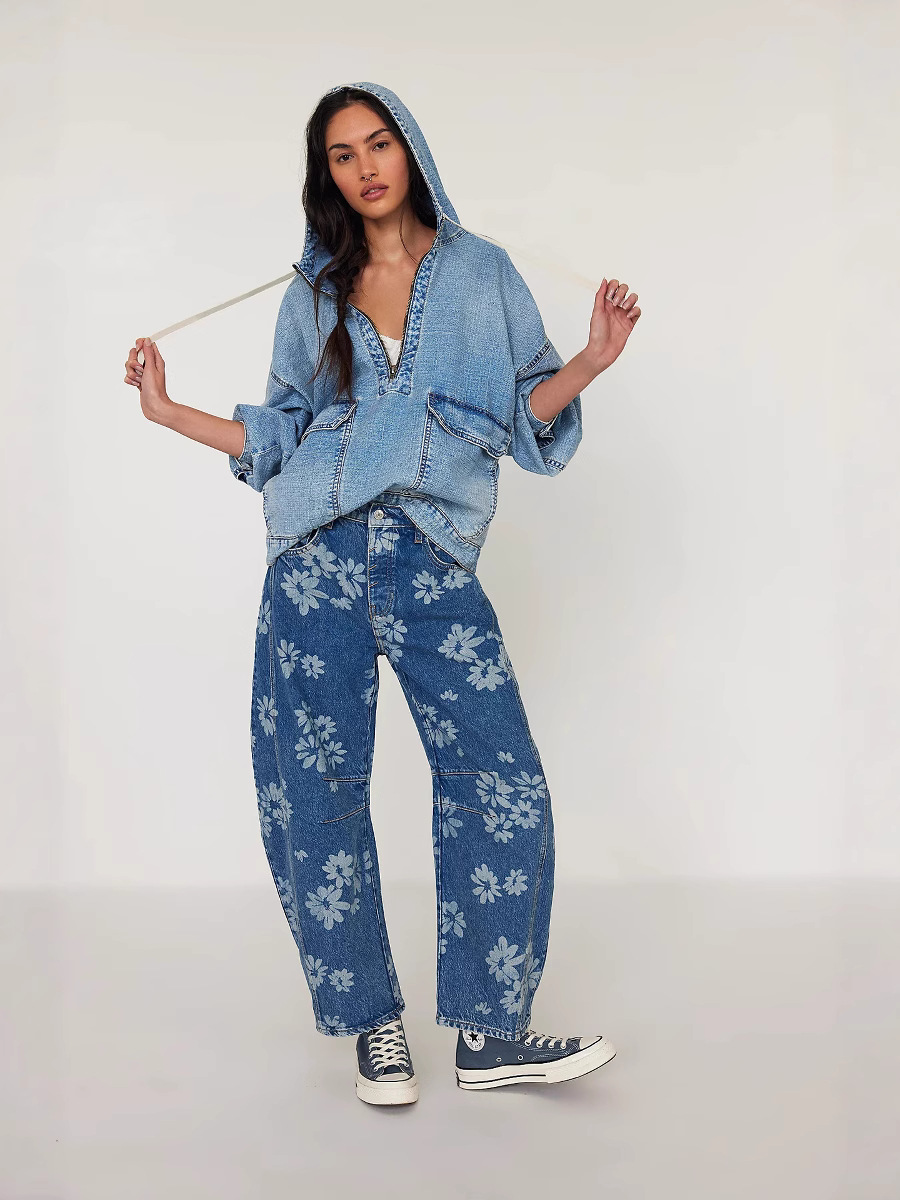 25 years Europe and the United States cross-border autumn new fashion loose casual wash hooded Denim long sleeve jacket 89140