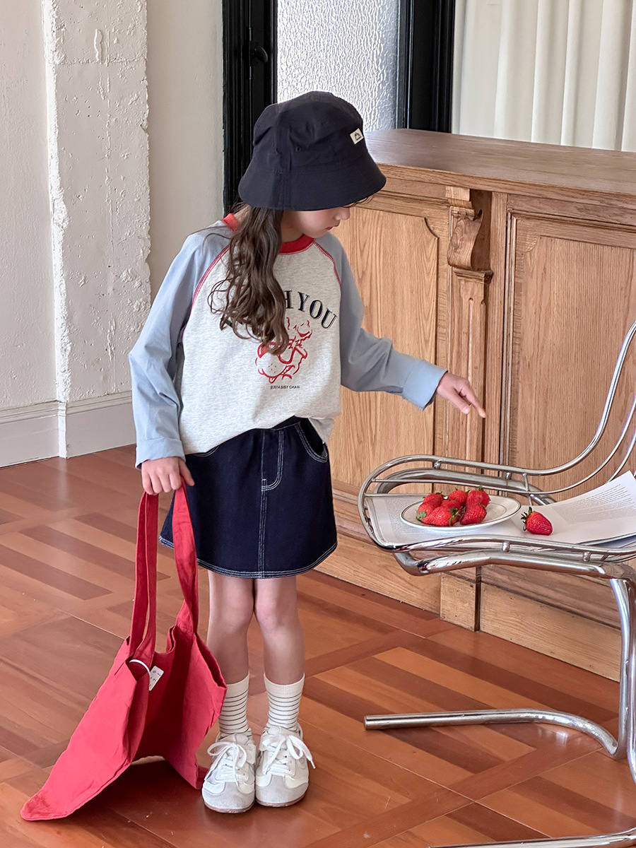 Aimo Beibei 2025 Spring Kidsren's Clothing Kidsren's Casual Color-Blocked Long-Sleeved T-Shirt K-Style Cute Cartoon Raglan Bottoming Shirt