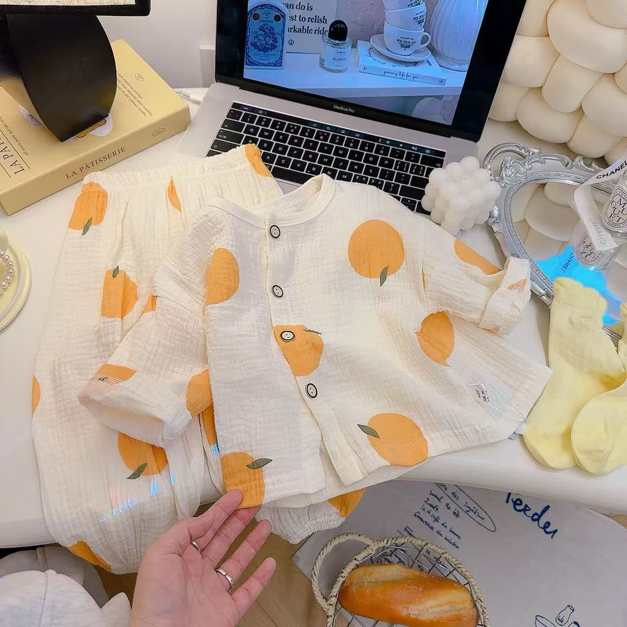 Children's Cotton Yarn Pajamas Boy's and Boy's Pure Cotton Home Clothes suit Cartoon Baby's Double-Layer Yarn Breathable Air-conditioning Clothes Fit