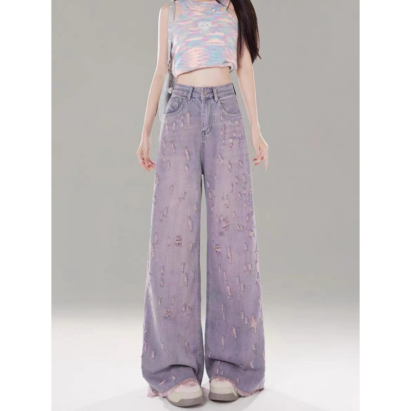 Pink and Purple High-Waisted Wide-Leg Jeans for Women 2025 Summer New Style Ripped Raw Edge Drapey Floor-Length Pants