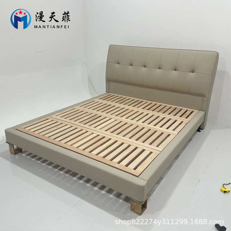 Современная простая легкая роскошная шоколадная кровать, итальянский минимализм, мягкая, кожаная, бук, массивная, настоящая кожаная кровать