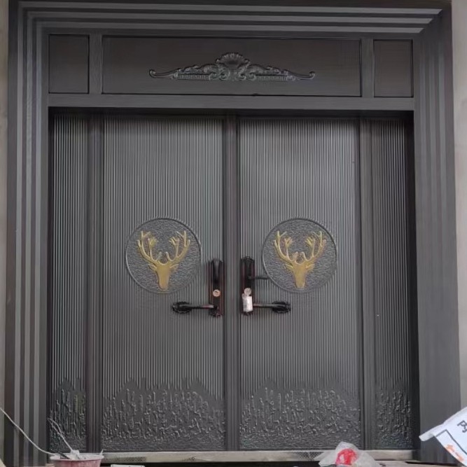 New Chinese style simple aluminum alloy double door villa courtyard aluminum art gold courtyard door rural anti-theft non-standard villa door