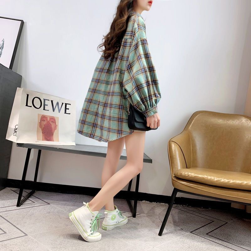 Spring and Autumn Coat 2023 New Arrival Plaid Shirt Women's Sanding Long-Sleeved Loose Sunscreen Shirt Retro Hong Kong Style All-Match Shirt