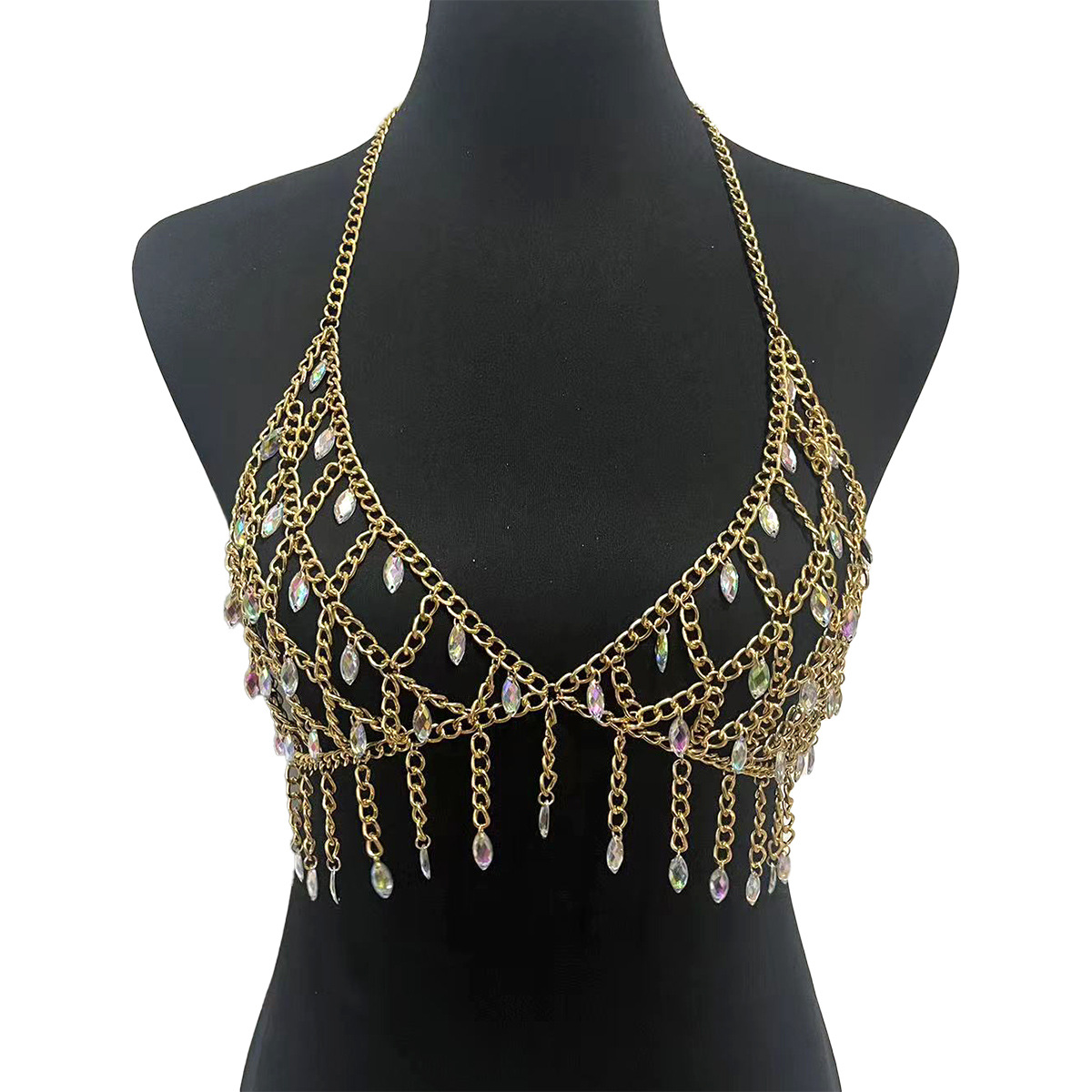 Yue Ran European and American Popular Bikini Chest Chain Nightclub Women's Tassel AB Color Acrylic Mesh Bra Body Chain