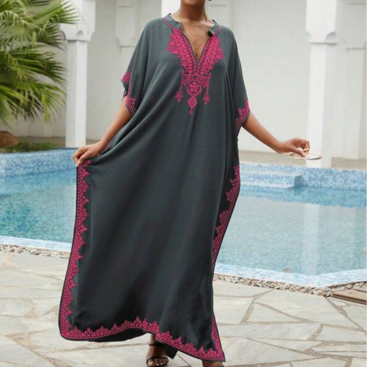 Beach blouse rayon embroidered holiday robe stand collar dress cross-border Amazon 23001(5 colors) L