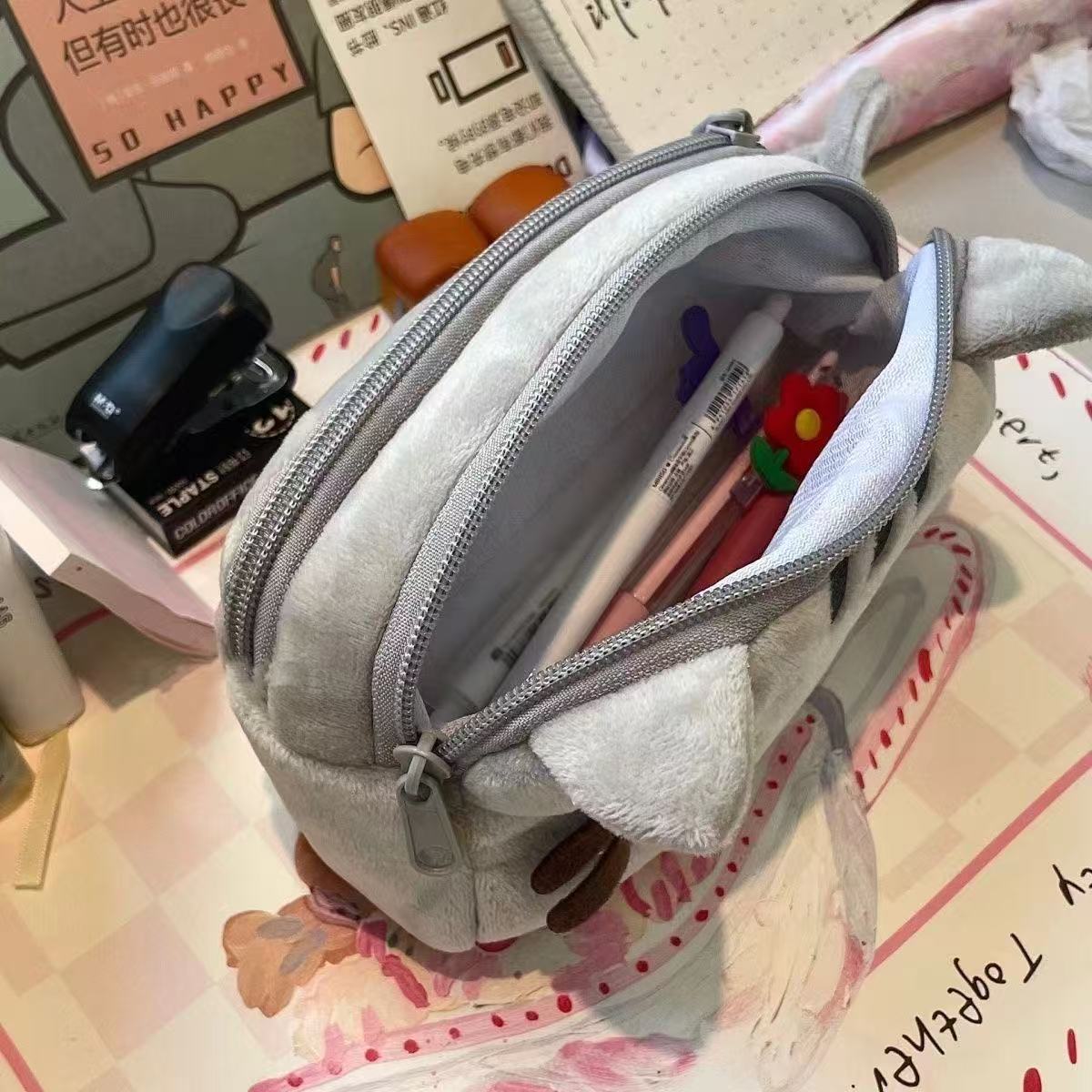 Cute Fat Cat, Gray Cat Plush Pencil Bag, Large Capacity Student Stationery Desktop Storage Bag