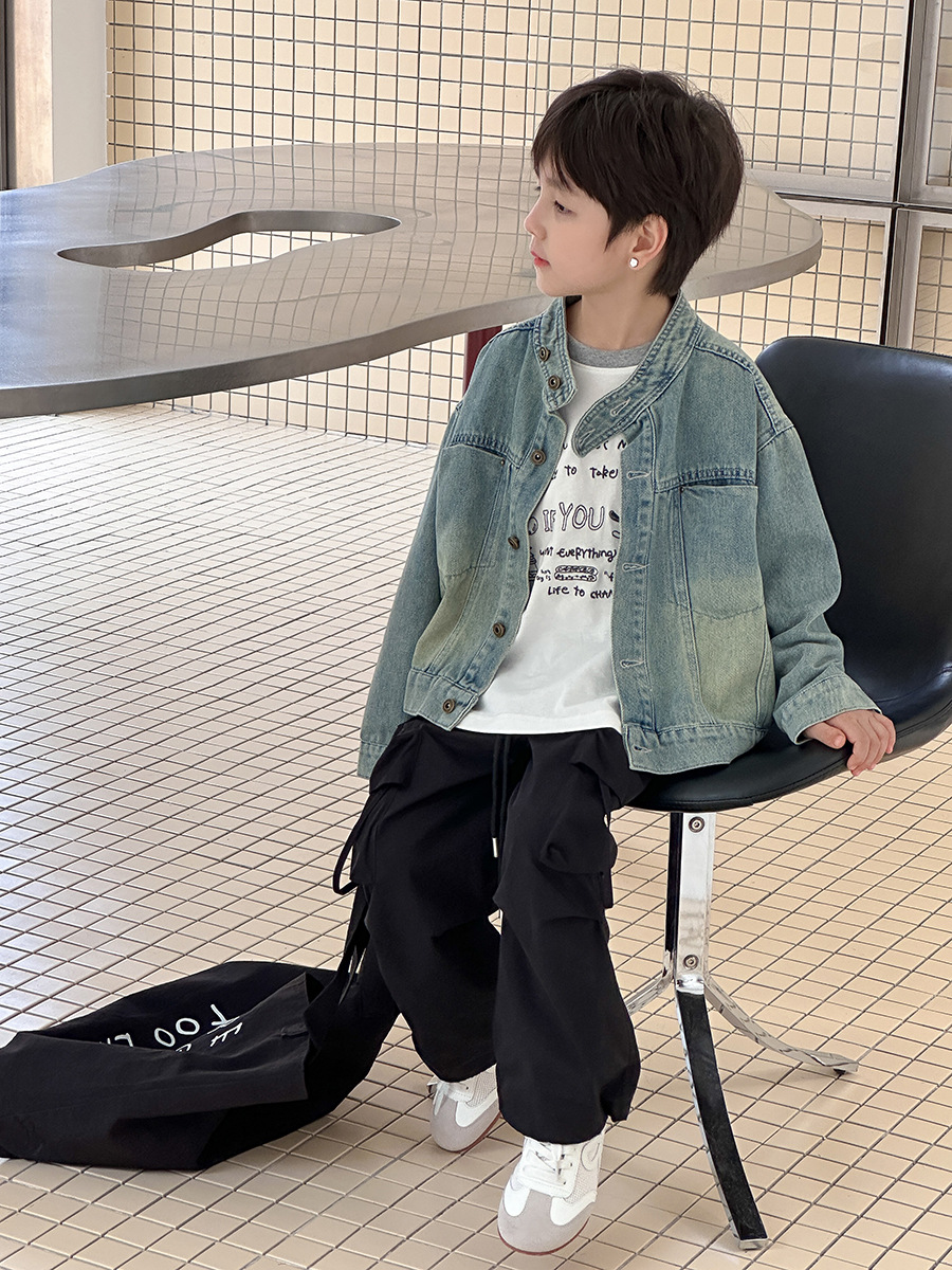 Emo Beibei Children's Port Fashion Handsome Sand Wash Vintage Denim Coat Trendy Casual Short Collar Top for Boys and Girls