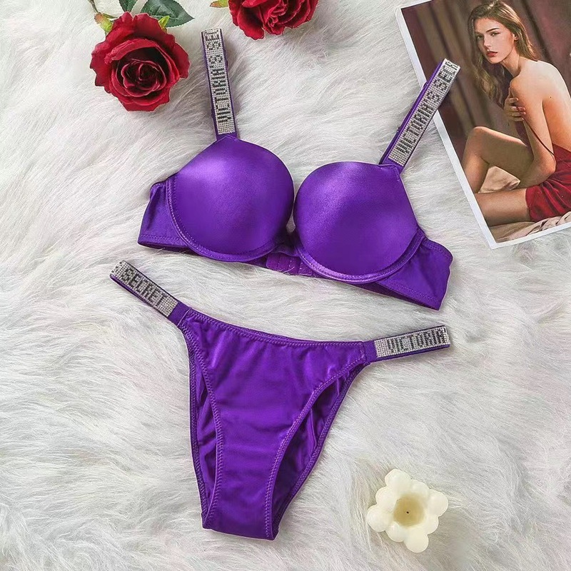 Hot Selling Victoria Women's Underwear Set Letter Rhinestone with Steel Ring Comfortable Sexy Bra