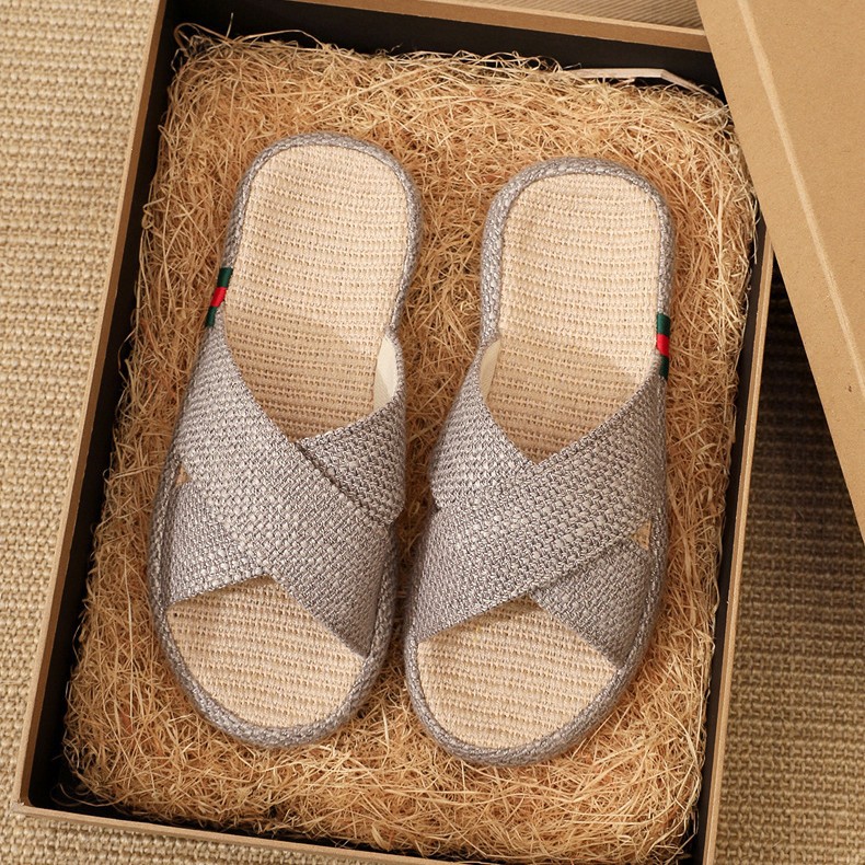 Home Non-slip Quiet Four Seasons Home Linen Cross-mop Linen Slippers Women's Summer Indoor Men's Breathable Thick Bottom