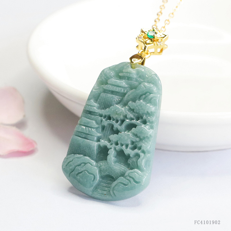 Juyu Natural A Jade Blue Water Landscape Brand Jade Pendant Necklace Guofeng Jewelry Wholesale FC4101902