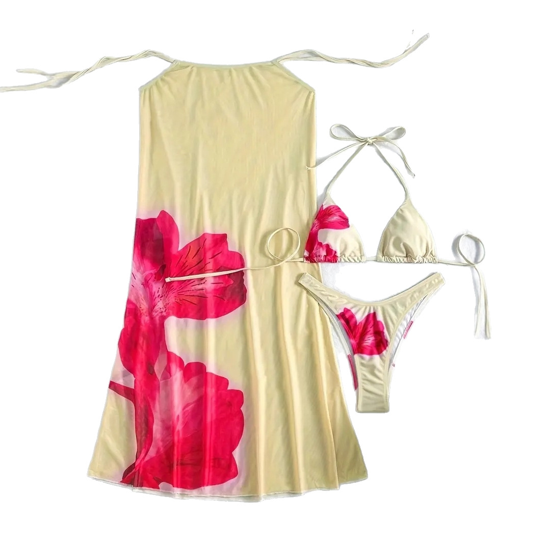 2025 New European and American Bikini Amazon Printed Backless Sexy Strap Split Vacation Swimsuit Bikini Women