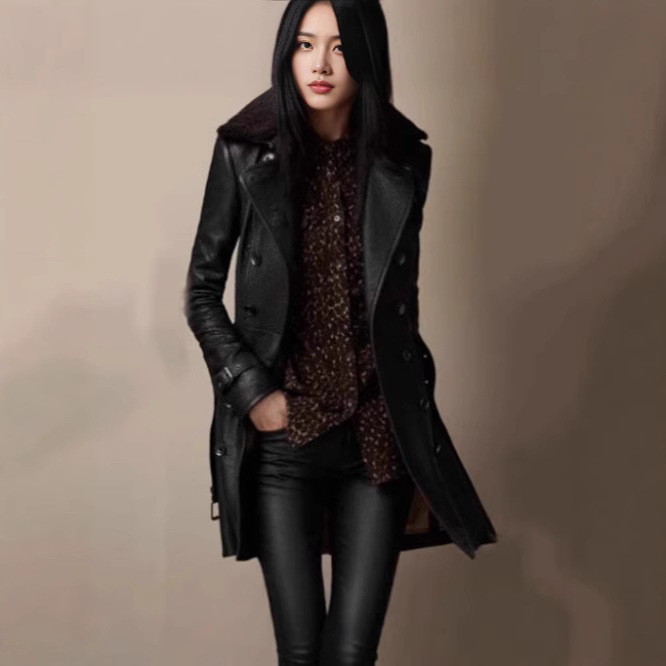 Cross-border Foreign Trade Women's Coat British-style Thickened Fur Collar Mid-length Leather Motorcycle-style Leather Jacket Women's Coat