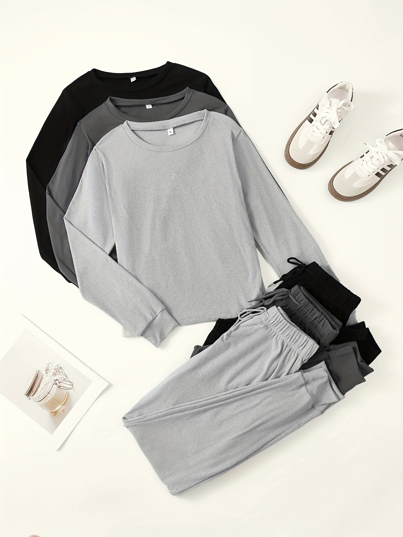 3 Sets Women's Solid Casual Lounge Set, Long Sleeve Round Neck