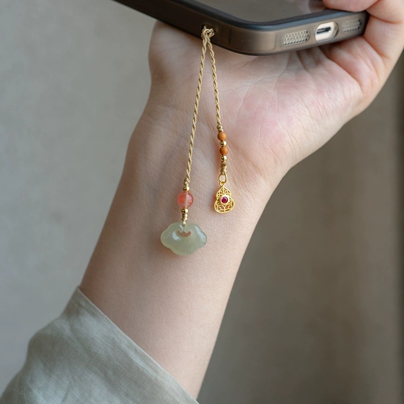 Natural Hetian Jade Ruyi Lock Mobile Phone Pendant Chain Bag Key Accessory Pendant Ancient Chinese Style