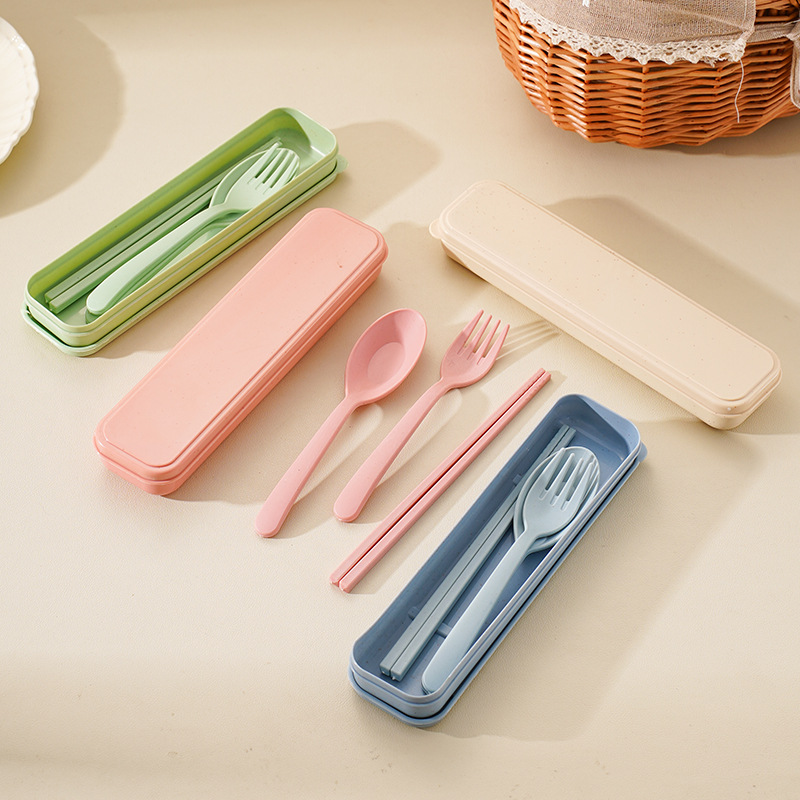 Spoon chopsticks fork three-piece set wheat straw portable plastic tableware student travel storage tableware box