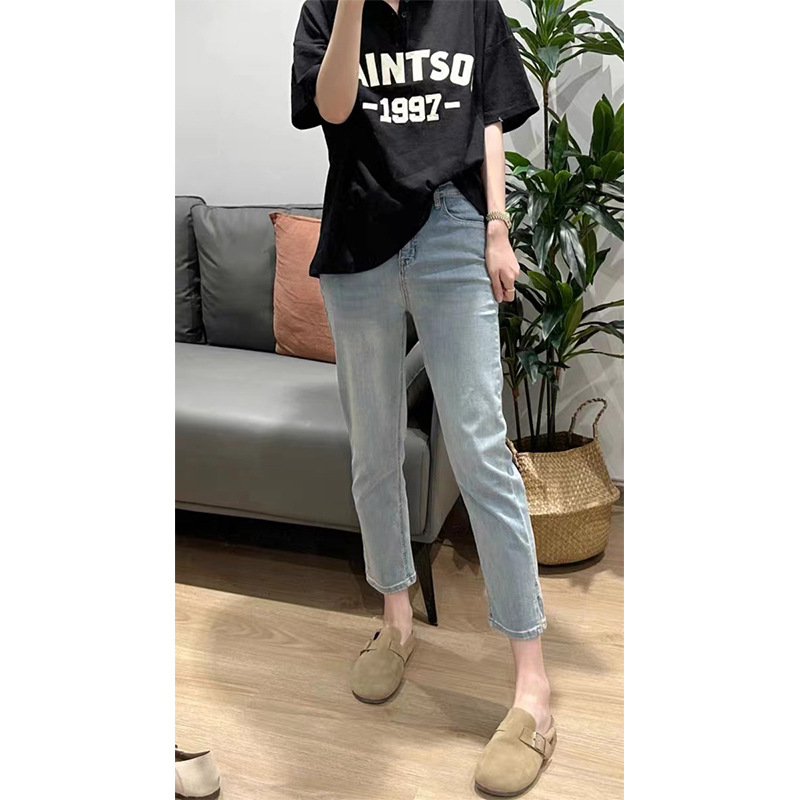 plus size Stretch Split Eight-point Jeans Women's Autumn New chubby girl Small High Waist Slimming Straight Pipe Pants