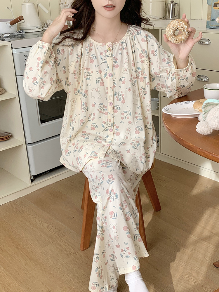 7A Antibacterial Maternity Pajamas Class a Pure Cotton Confinement Clothes Spring and Autumn August Postpartum Maternity Breastfeeding Home Clothes