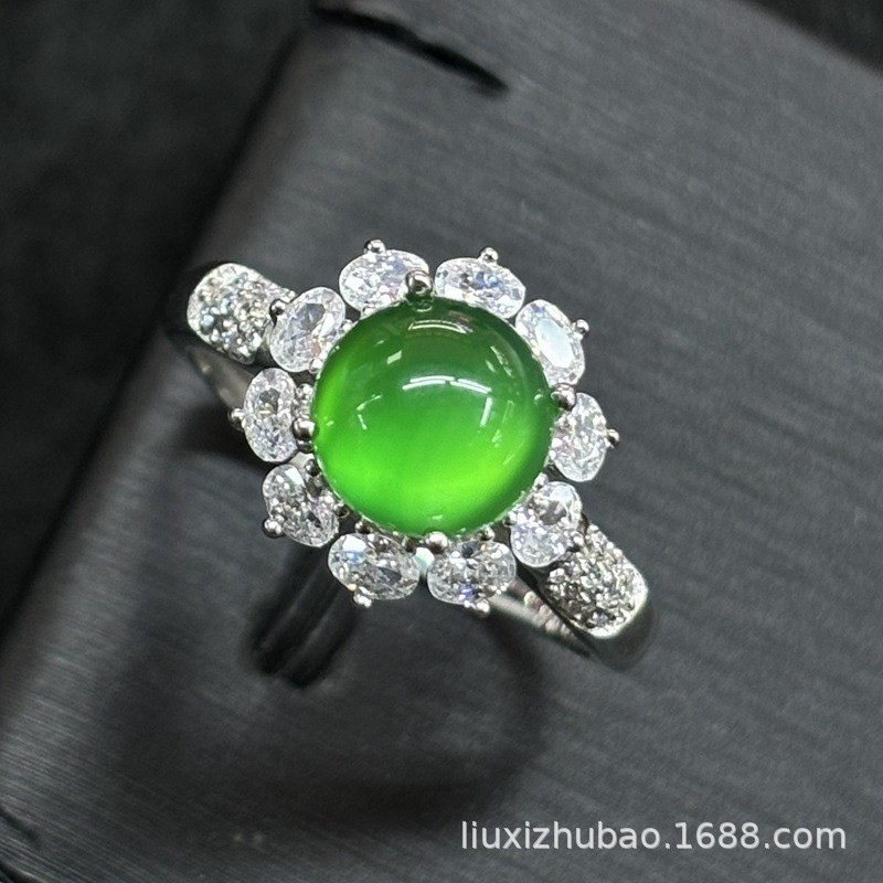 S925 silver inlaid green chalcedony ring full diamond silver inlaid live water foam jade ring silver inlaid water foam ring wholesale
