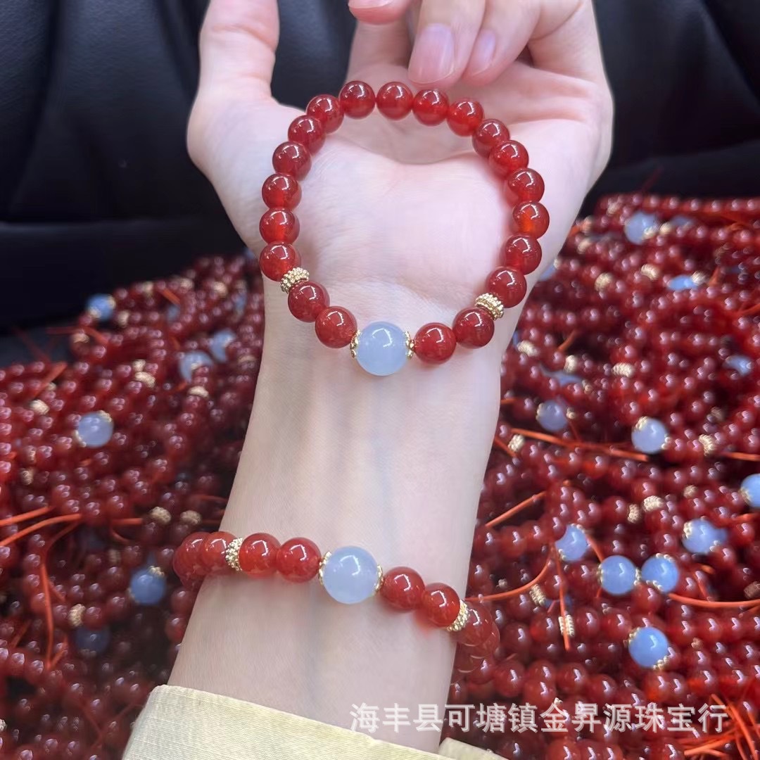 Натуральный красный агат, южный красный браслет с аквамарином, женский нишевый летний модный подарок на день рождения