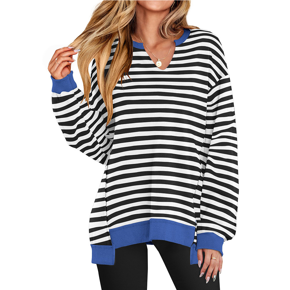 Amazon 2025 European and American Cross-Border Export Autumn and Winter New Colorful Stripesd V Neck Loose Sweatshirt Sweatshirt for Women