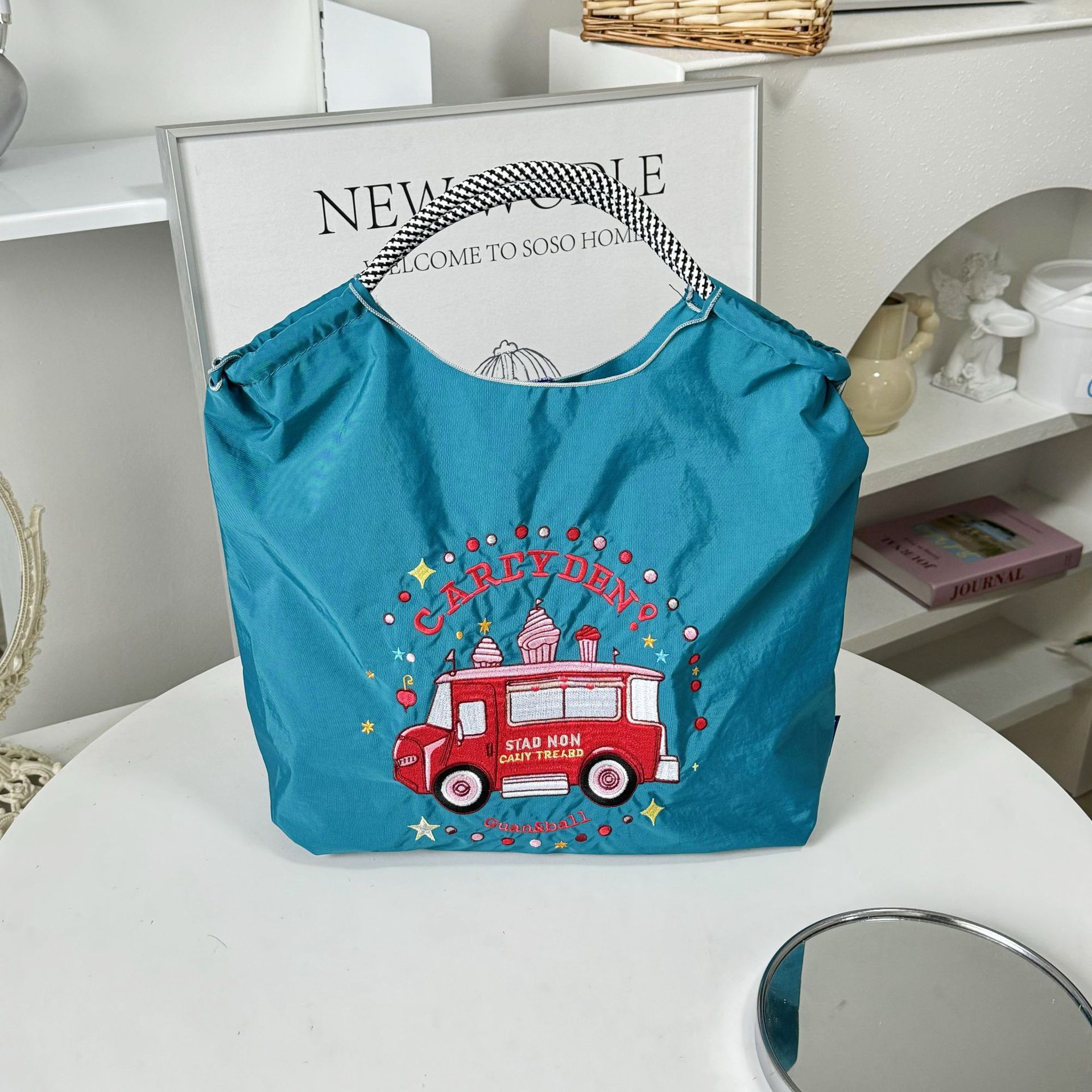 Japanese style ball chain eco-friendly nylon embroidered hand canvas bag nylon ladies shoulder bag shopping bag