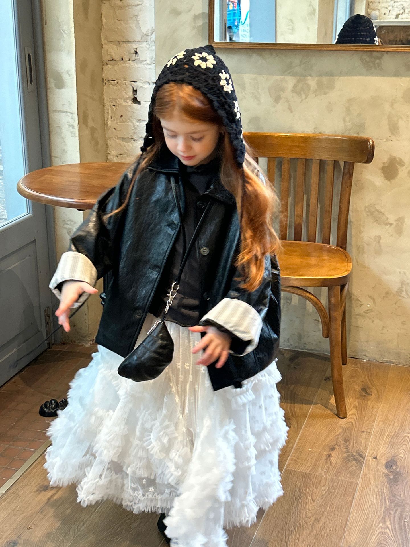 2025 New Autum Girls Fashion Simple Versatile Cuffs Discount Stripesd Black Lapel Leather Jacket + Bag