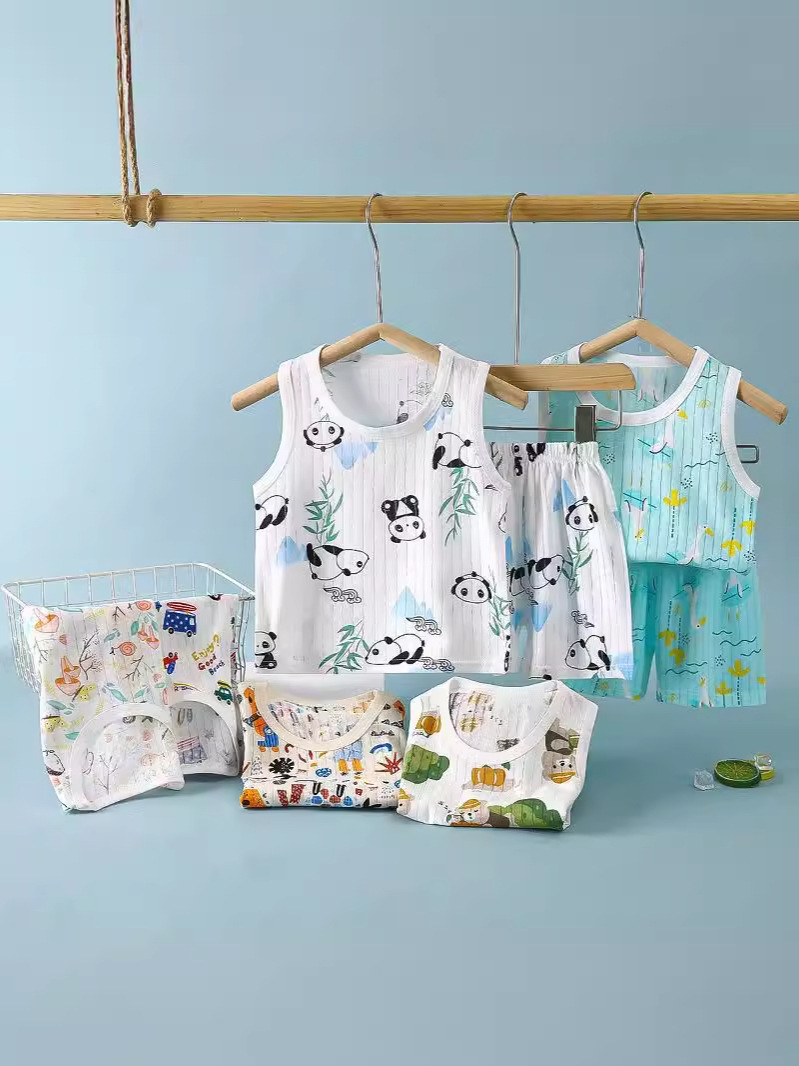 Детский летний жаккардовый хлопковый костюм с шортами, новый стиль для мальчиков и девочек, безрукавный, с мультяшным принтом, дышащая одежда для детей