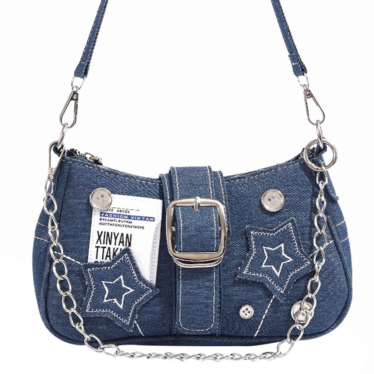 New Millennium Style Hot Girl Trendy Star Chain Bag Retro Denim Button English Denim Shoulder Armpit Bag