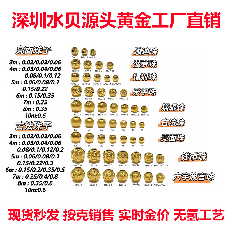 Shuibei Gold Glossy Gold Beads Loose Beads Transfer Beads Pure Gold 999 Round Beads DIY Wholesale Factory Direct Sales Live Broadcast Hot Style