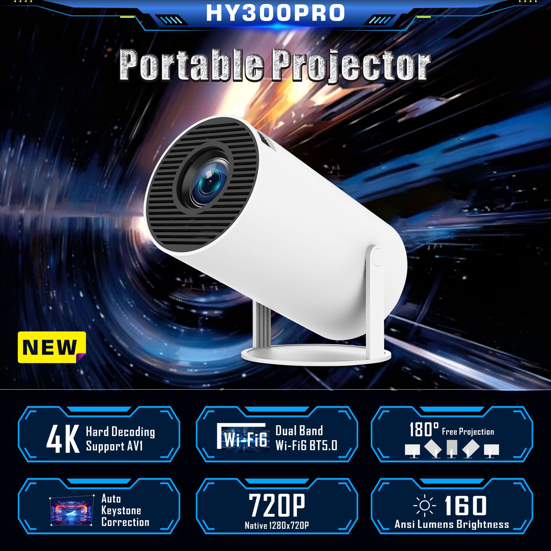 Cross Border HY300PRO Projector A008 Smart Mini Portable Home Projector Outdoor 4K Ultra HD