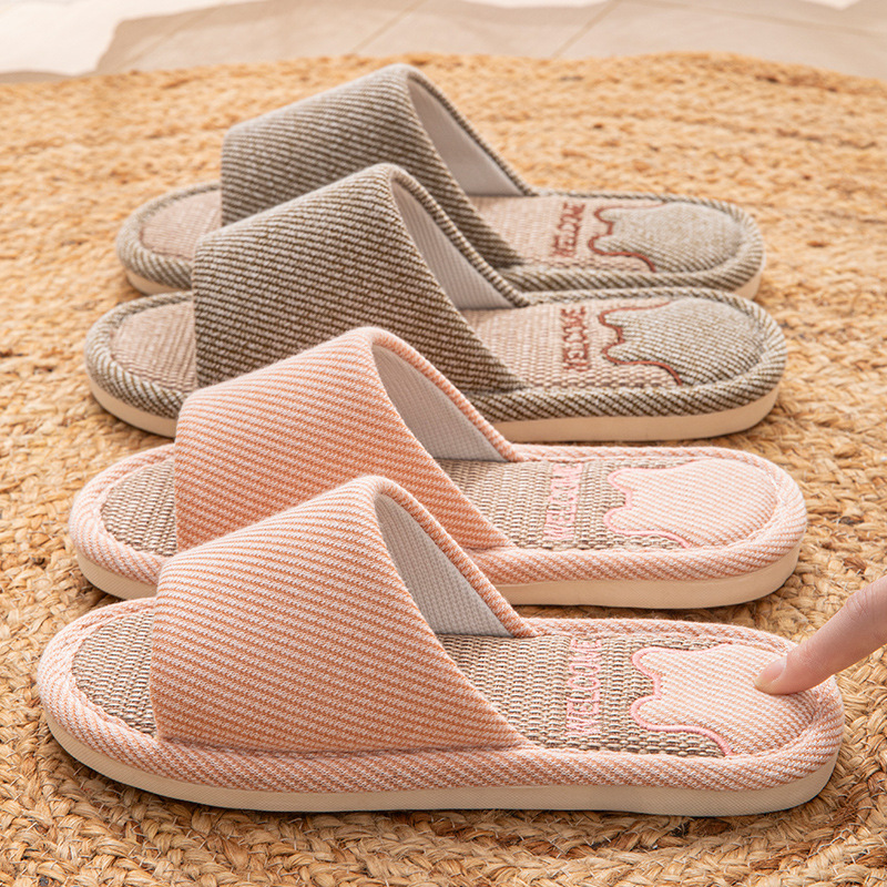 Льняные тапочки для женщин, дышащие, домашние, нескользящие, мягкое дно, впитывающие пот, весна и осень, четырехсезонные, для пар, мужчин и женщин