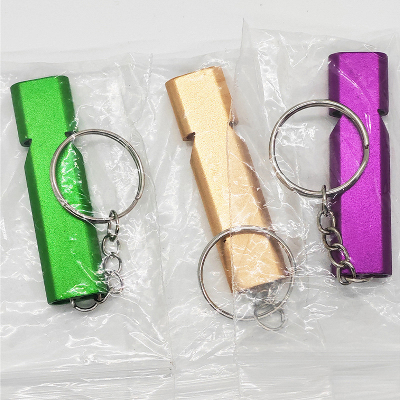 Cross-border flat aluminum alloy dual-frequency survival whistle double-tube outdoor survival life-saving whistle equipment EDC tools wholesale