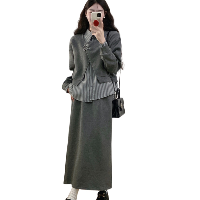 2025 New Large Size Fashionable Design Autumn and Winter Loose Two-Piece Sweatshirt and Skirt Set Casual Suit