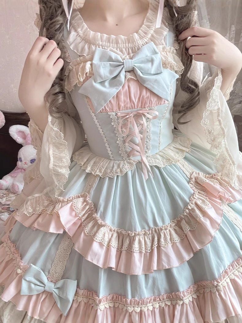 [Sweet Mousse] Brocade Garden Lolita Original Cute and Sweet Contrasting Color Small Fresh Jsk Dress