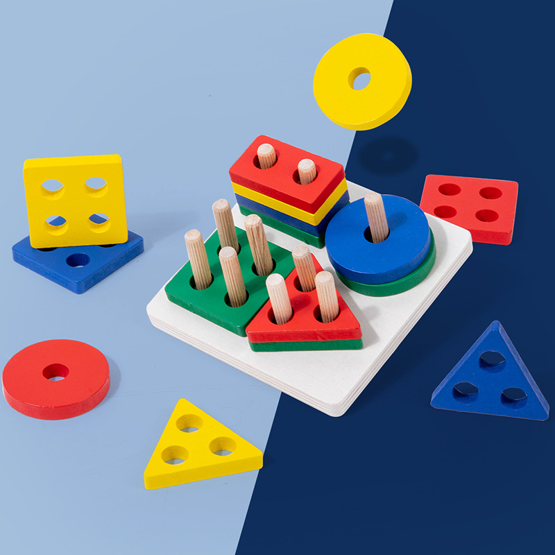 One-Piece Wooden Montessori early education toys geometric shape set column educational cognition five sets of column building blocks matching