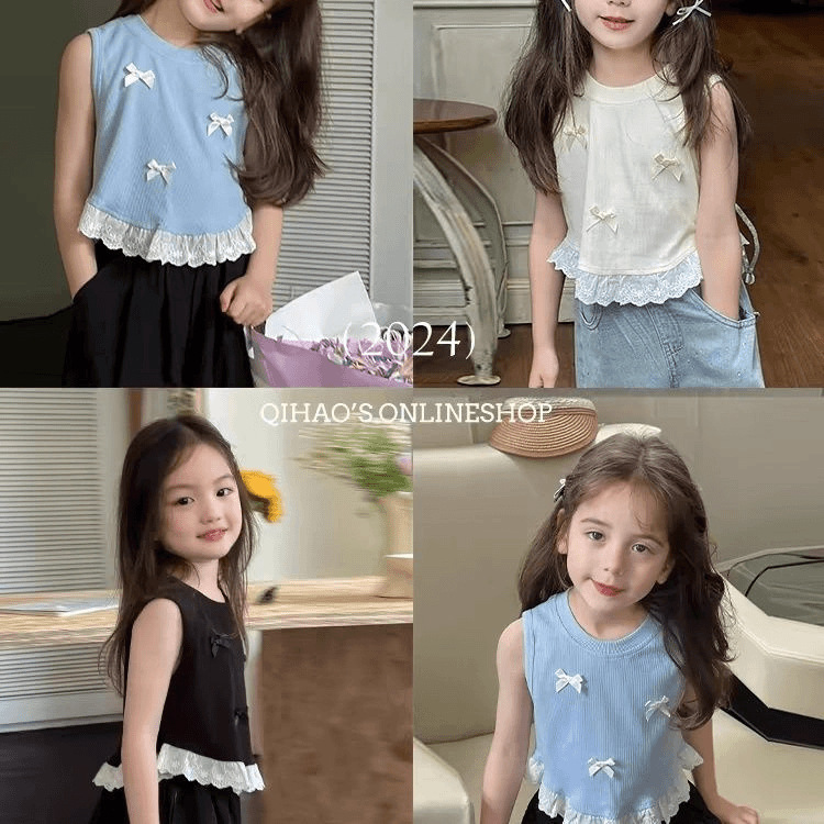 Girls' Bow Short Vest 2024 Summer New Style Baby Lace Splicing Sleeveless Top Trendy