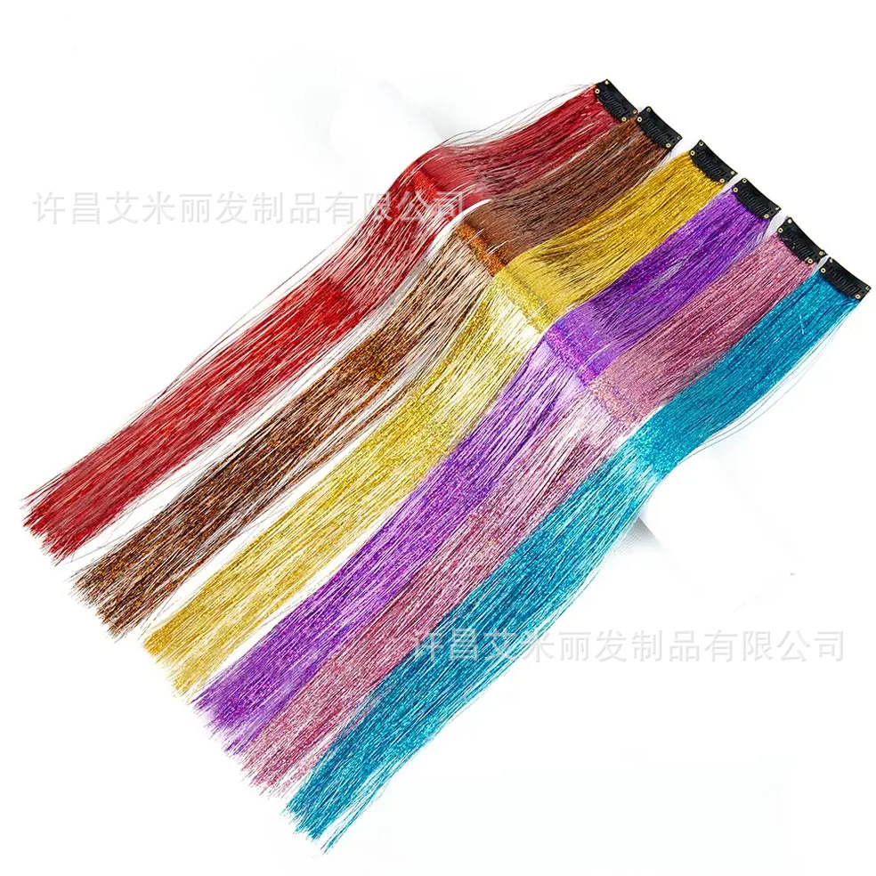 Xuchang Wig Manufacturer Pet Laser Wire Bb Clip Hair Extensions Hairtinsel Colorful Wire Clip Gold Wire Straight Hair