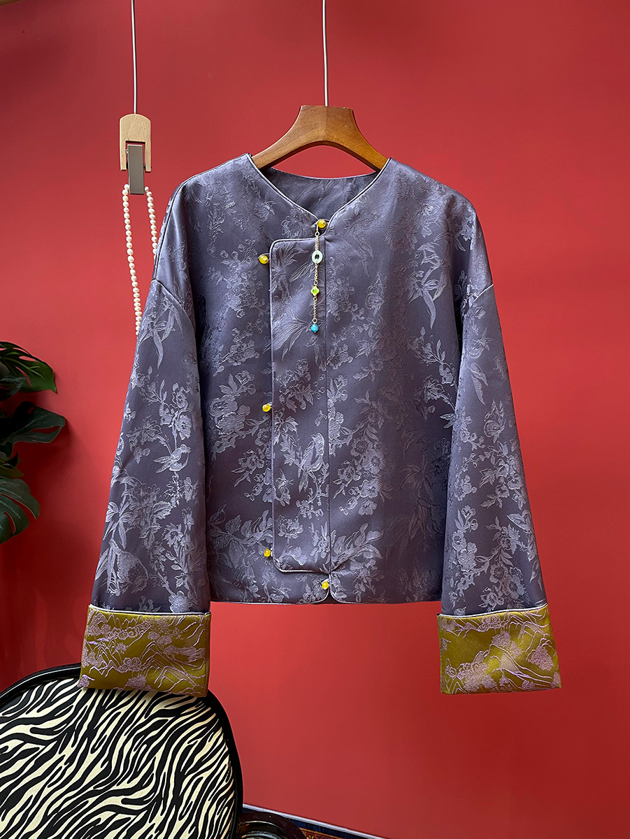 Spring New Loose Jacket for Women, Light National Style Jacquard Elegant Top with Diagonal Placket, Slimming Color-Blocking, Artistic Retro Style