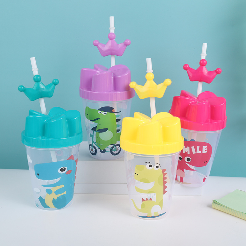 Cartoon Dinosaur Pattern Straw Cup Pp Home Daily Drink Plastic Straw Cup 400Ml/600Ml Water Cup