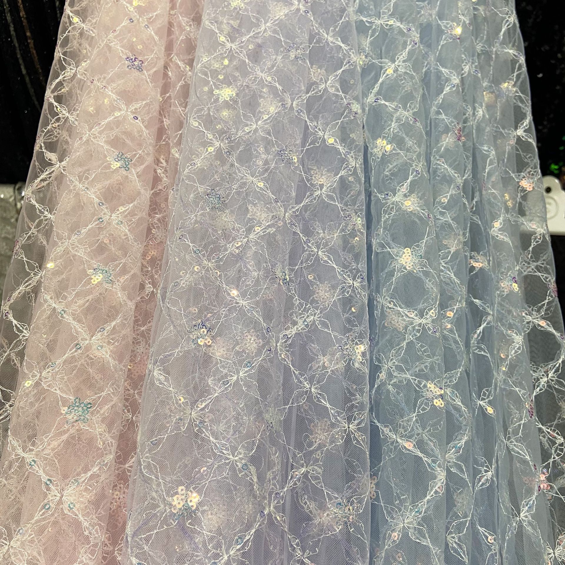 Bead embroidered lace fabric manufacturers sequin embroidered check mesh small fresh spring and summer women's clothing children's dress fabric