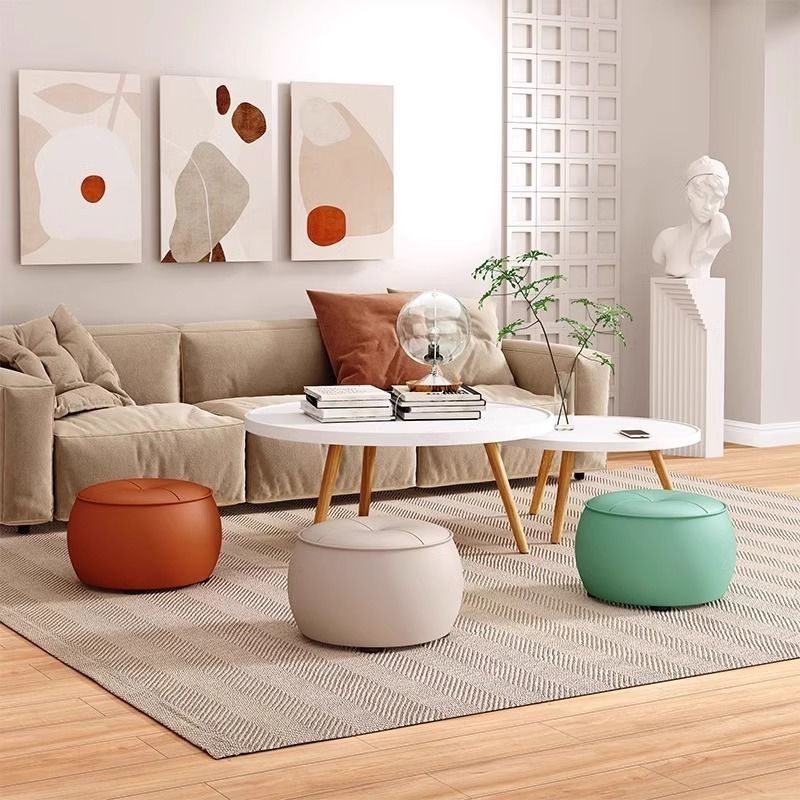 Entryway Shoe-Changing Bench, Light Luxury Solid Wood Round Stool, Leather Household Low Stool, Living Room Stool, Sofa Coffee Table, Pumpkin Stool