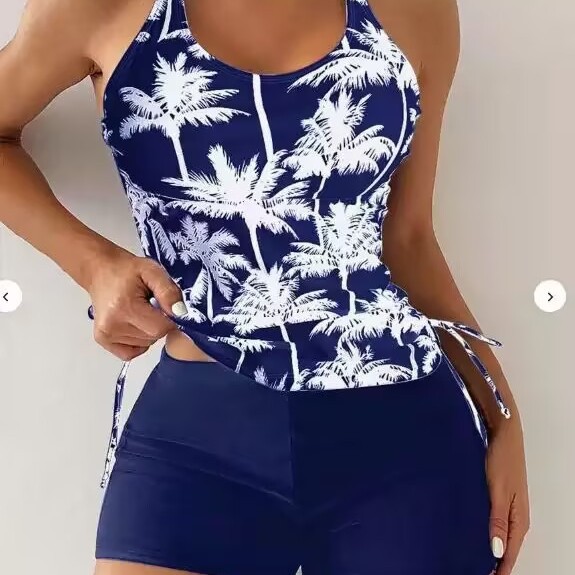 Cross-border New Coconut Tree Printed Drawstring Strap Fashion Conservative Belly Bikini Bikini Split Tankini