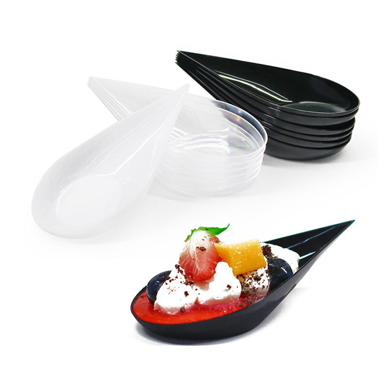 Reusable saucer clear plastic tasting appetizer party teardrop spoon with fork spoon