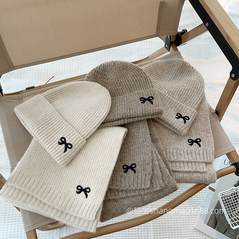~ Korean cute bow embroidery children's knitted hat scarf 2-piece solid color girl baby all-match set