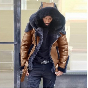 Кросс-бордерная куртка для мужчин из искусственной кожи с плюшевой подкладкой короткая с капюшоном