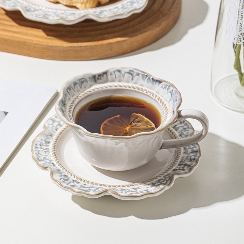 Qingshan Blue Manufacturer Wholesale Ceramic Tableware Set Retro Lace Household Kiln-Turned Underglaze Color Cups and Saucers Rice Bowls