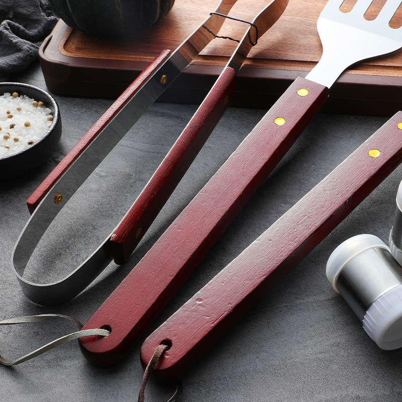 Factory Cross-Border E-Commerce Wholesale Wooden Handle Stainless Steel Outdoor Tools Wearable Apron Bag Grill Set 6-Piece Set